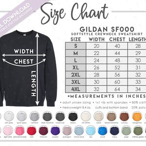 Tabla de tallas y colores semieditable de Gildan SF000 • Tabla de tallas de sudaderas Softstyle SF000 • Tabla de colores de sudaderas SF000
