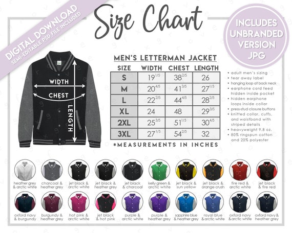 Semi editable Just Hoods by Awdis JHA043 Size Color Chart Men s Letterman Jacket Size Chart Awdis JHA043 Size Chart Etsy UK