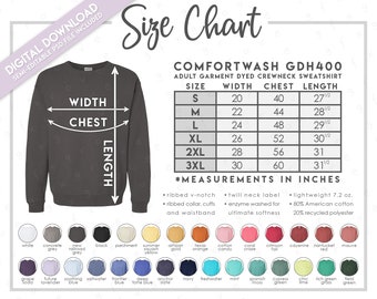 Semi-Editable ComfortWash GDH400 Size + Color Chart • Hanes ComfortWash Garment Dyed Sweatshirt Size Chart • Crewneck Sweatshirt • GDH 400