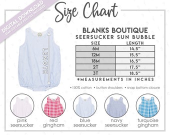 Semi-editable Blanks Boutique Seersucker Sun Bubble Größe + Farbtabelle • Baby Bubble Größentabelle • Baby Bubble Farbtabelle