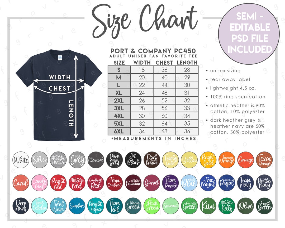 Semi-editable Port & Company PC450 Size Color Chart Adult Unisex Fan ...