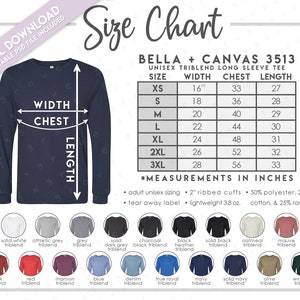 Tabla de tallas y colores Bella + Canvas 3513 semieditable • Tabla de tallas de camisetas triblend de manga larga Bella Canvas • Tabla de colores 3513 • BC3513
