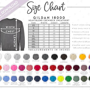 Semi-editierbare Gildan 18000 Größentabelle + Farbtabelle • Gildan Sweatshirt-Größentabelle • G180 Sweatshirt-Farbtabelle • G180