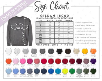 Semi-Editable Gildan 18000 Size Chart + Color Chart • Gildan Sweatshirt Size Chart • G180 Sweatshirt Color Chart • G180