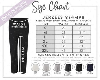 Jerzees 974MPR Size Chart & Color Guide • Nublend Open Bottom Sweatpants • Semi-Editable PSD (Digital Download)