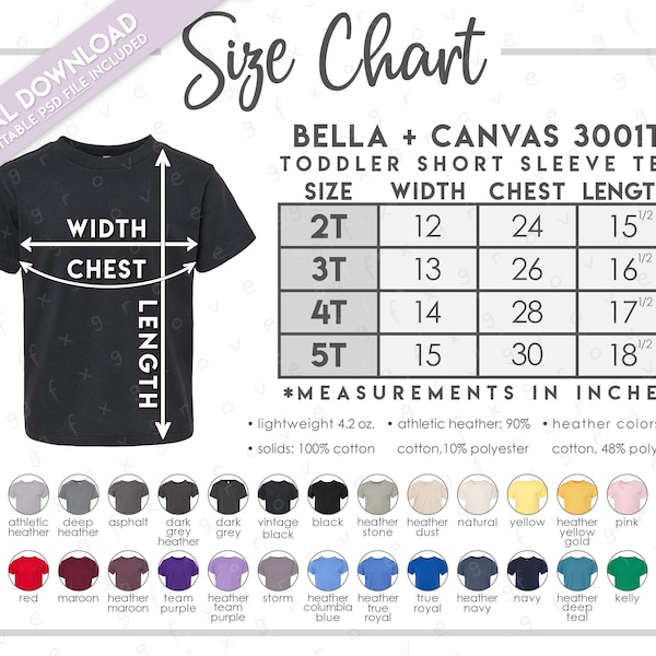 Semi-Editable Bella + Canvas 3001T Size + Color Chart • Bella Canvas Toddler T-Shirt Size Chart • Bella Canvas Toddler T-Shirt Color Chart