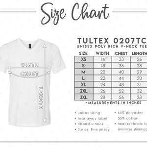 Tultex 0207TC サイズ表 • Tultex ユニセックス ポリリッチ Vネック Tシャツ サイズ表 • Tultex 207 サイズ表 • 207TC サイズ表