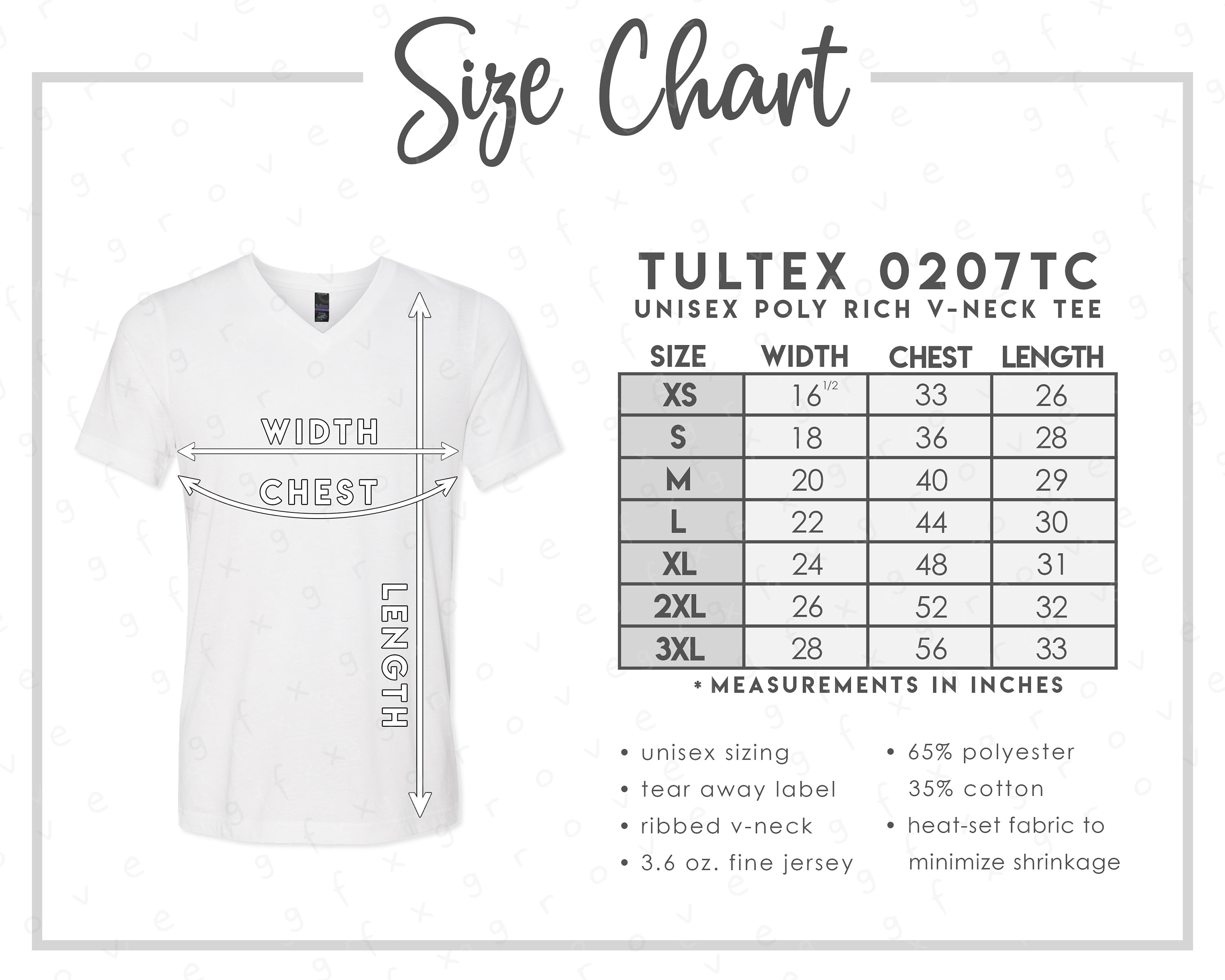 Tultex 0207TC Size Chart • Tultex Unisex Poly-rich V-neck T-shirt