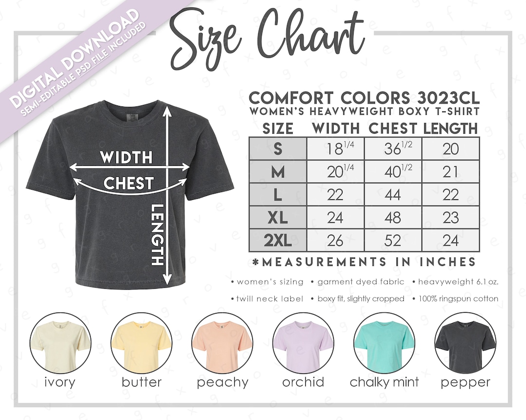 Semieditable Comfort Colors 3023CL Size + Color Chart • Comfort Colors Women