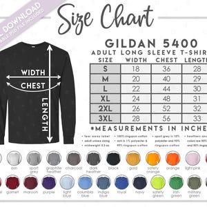 Semi-Editable Gildan 5400 Size Chart + Color Chart • Gildan Adult Long Sleeve T-Shirt Size Chart • 5400 • G540 • G5400