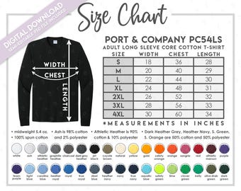 Semi-Editable Port & Company PC54LS Size + Color Chart • Port and Company Long Sleeve Core Cotton T-Shirt Size Chart • PC54LS Size Chart