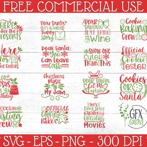May include: A collection of Christmas-themed SVG designs in red and green, featuring phrases like "Dear Santa, Just Bring Wine" and "Cookies for Santa." The designs are suitable for commercial use and include a variety of festive quotes.