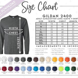 Semi-Editable Gildan G240 Size Chart + Color Chart • Gildan 2400 Ultra Cotton Long Sleeve T-Shirt • G240 Color Chart • Gildan 2400