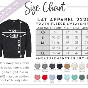 Semi-Editable LAT Apparel 2225 Size + Color Chart • LAT Youth Elevated Fleece Crewneck Sweatshirt Size Chart • 2225 Size Chart • LAT2225