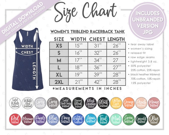 Semi editable Bella Canvas 8430 Tamano Tabla de colores Bella Canvas Triblend Racerback Tank Top Tabla de tallas 8430 Grafico de colores Etsy Mexico