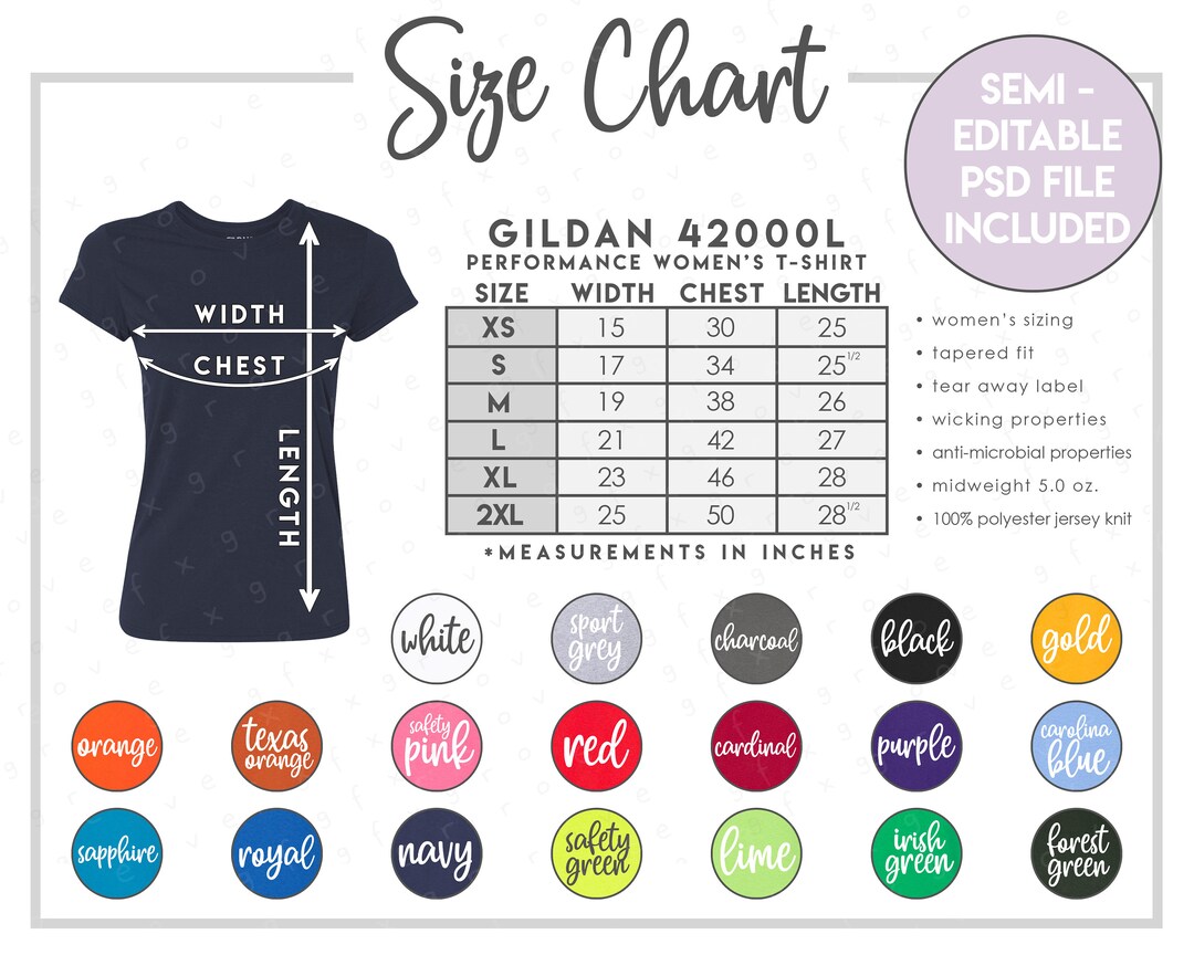 Tabla de tallas semieditable G420L + Tabla de colores • Tabla de tallas de  camisetas de alto rendimiento para mujer • Tabla de colores de camisetas  42000L • G420L • PSD - Etsy México, image size:1080x864