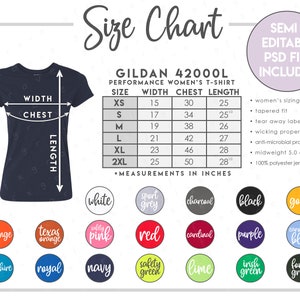 Tabla de tallas semieditable G420L + Tabla de colores • Tabla de tallas de camisetas de alto rendimiento para mujer • Tabla de colores de camisetas 42000L • G420L • PSD