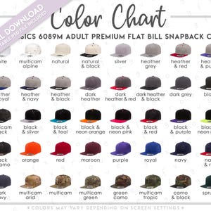 May include: Color chart showcasing a variety of flat bill snapback caps. The chart displays caps in various colors, including white, black, red, and green, with options like heather grey and camo patterns. The text "Color Chart" is at the top.