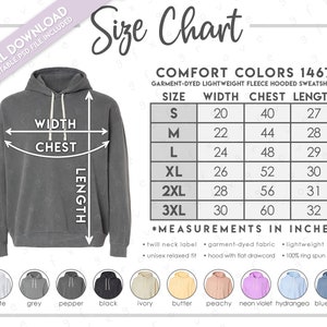 Tabla de tallas y colores Comfort Colors 1467 semieditables • Sudadera ligera con capucha teñida en prenda Comfort Colors • Tabla de tallas 1467CC