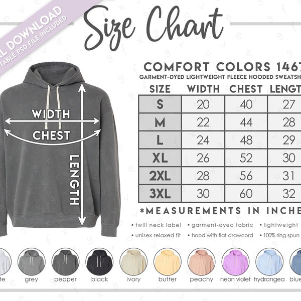 Semi-Editable Comfort Colors 1467 Size + Color Chart • Comfort Colors Garment Dyed Lightweight Hooded Sweatshirt • 1467CC Size Chart