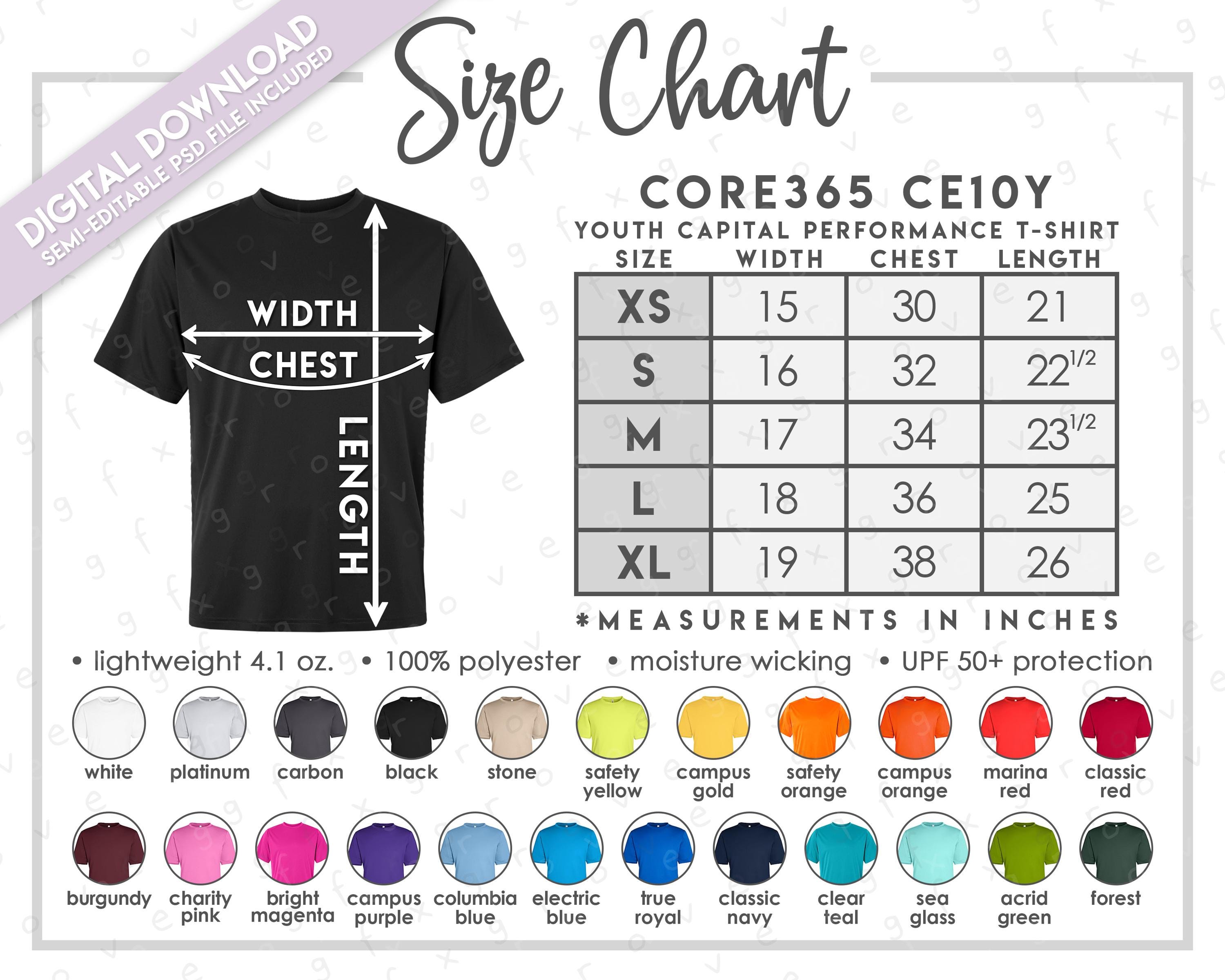 Semi-editable Core365 CE10Y Size + Color Chart • Core365 Youth