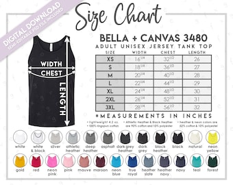 Semi-Editable Bella + Canvas 3480 Size + Color Chart (Includes 3480CVC Colors) • Bella Canvas Tank Top • Bella Canvas 3480 Colors • BC3480