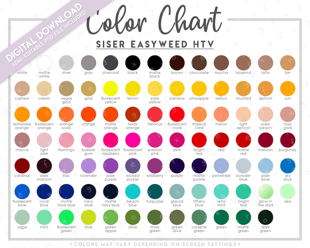 Semi-editable Siser Easyweed HTV Color Chart Siser HTV Color Chart Siser  Color Chart Easyweed Vinyl Color Chart 