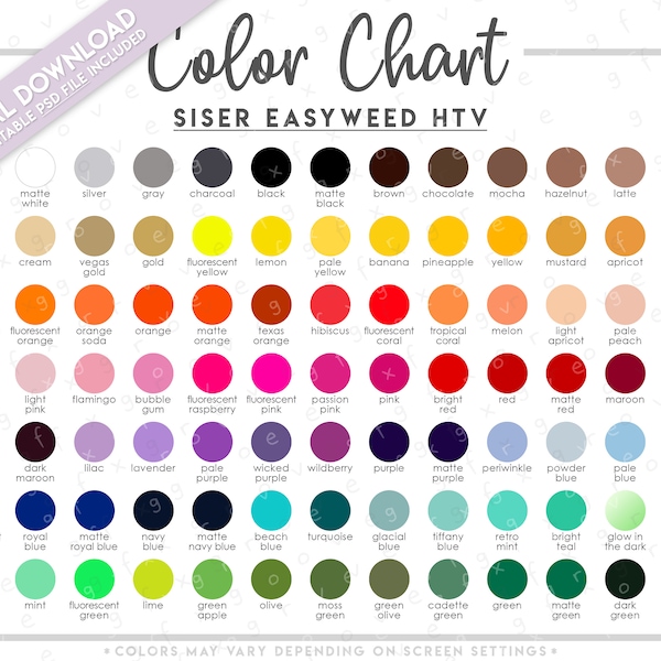 Semi-Editable Siser EasyWeed HTV Color Chart • Siser HTV Color Chart • Siser Color Chart • EasyWeed Vinyl Color Chart