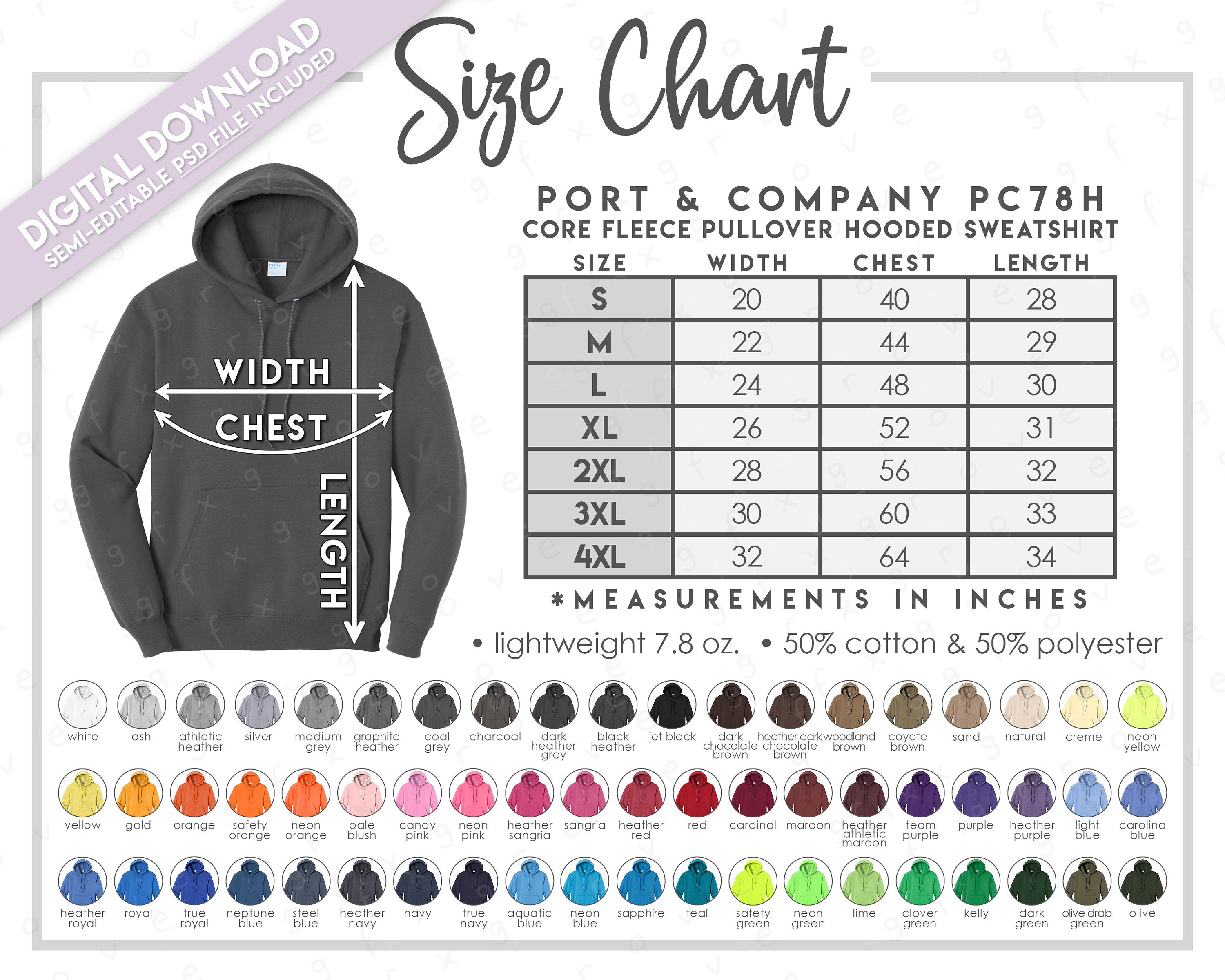 Semi-editable Port & Company PC78H Size + Color Chart • Core