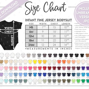 May include: Size chart for infant fine jersey bodysuits, showing measurements in inches for sizes NB to 24M. The chart includes width, chest, and length measurements. A black bodysuit is shown with measurements labeled. A color chart is shown below with various colors available for the bodysuits.