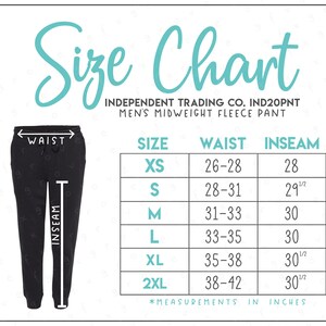 Peut inclure: Tableau des tailles pour pantalon en molleton mi-lourd pour homme. Le tableau indique les tailles XS à 2XL avec les mesures de taille et d'entrejambe correspondantes en pouces.