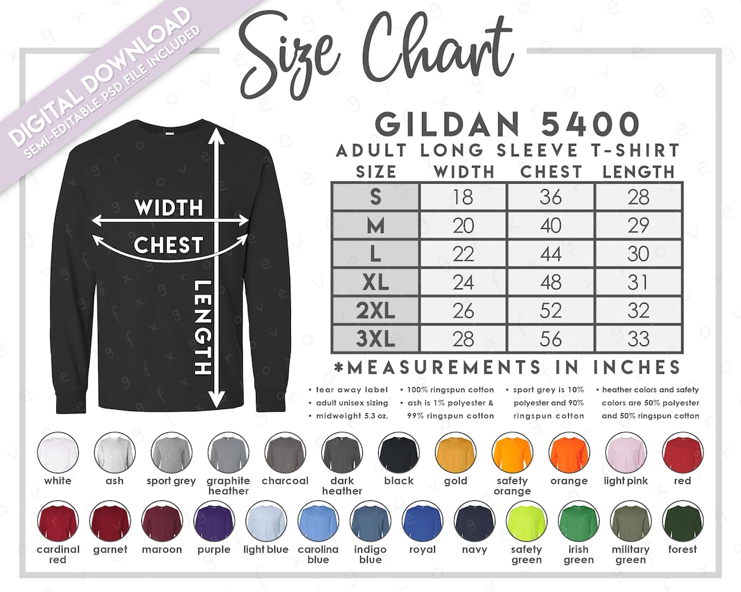 Semi-editable Gildan 5400 Size Chart + Color Chart • Gildan Adult