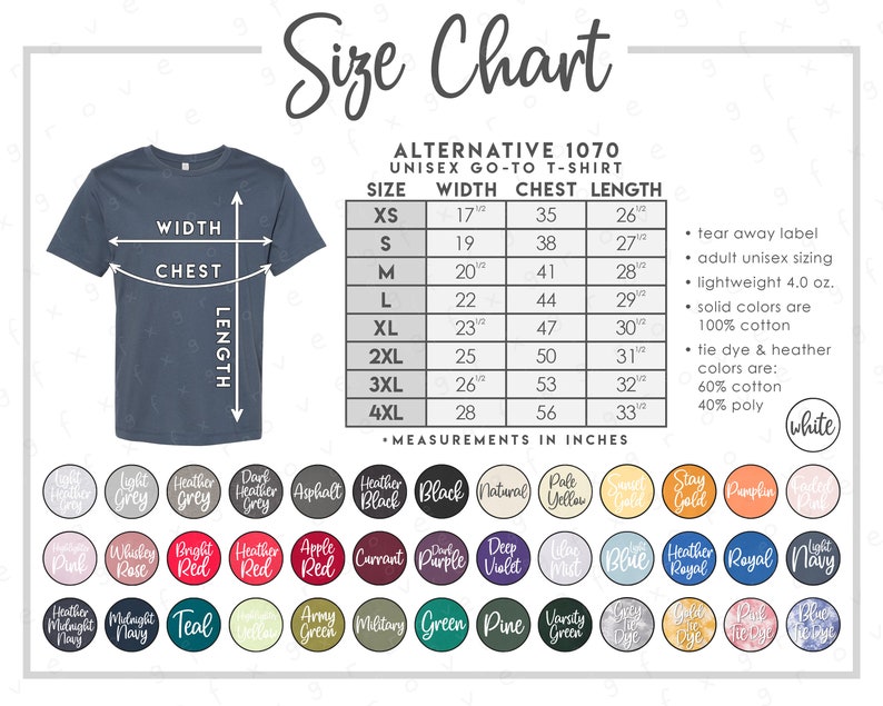 AA 1070 Size Color Chart 2 Versions Included With & Without - Etsy