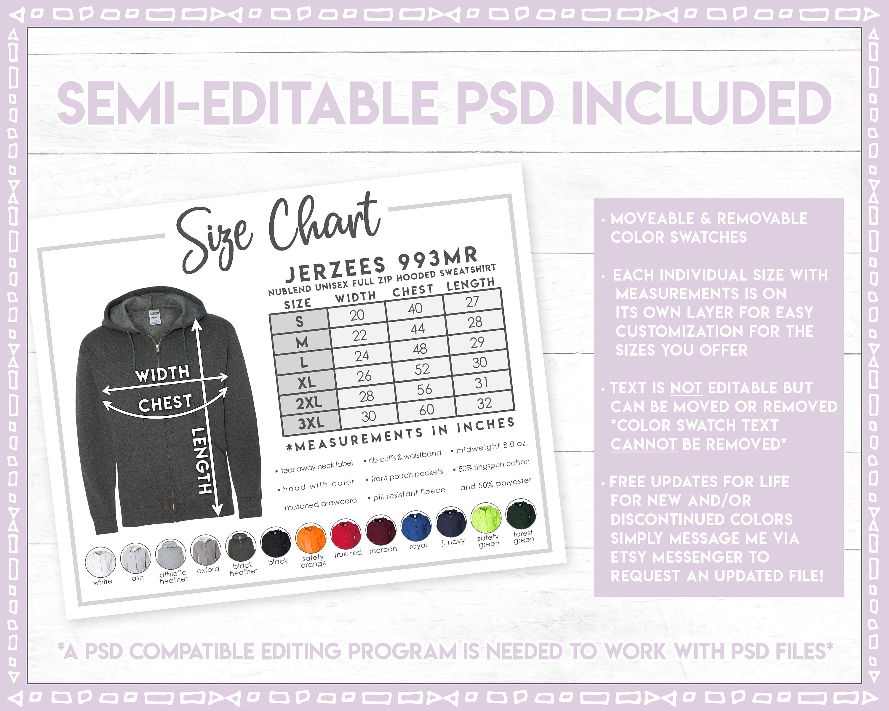 Semi-editable Jerzees 993MR Size + Color Chart • Jerzees Nublend