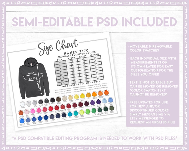 Semi-editable Hanes P170 Size Chart + Color Chart • Ecosmart Pullover ...