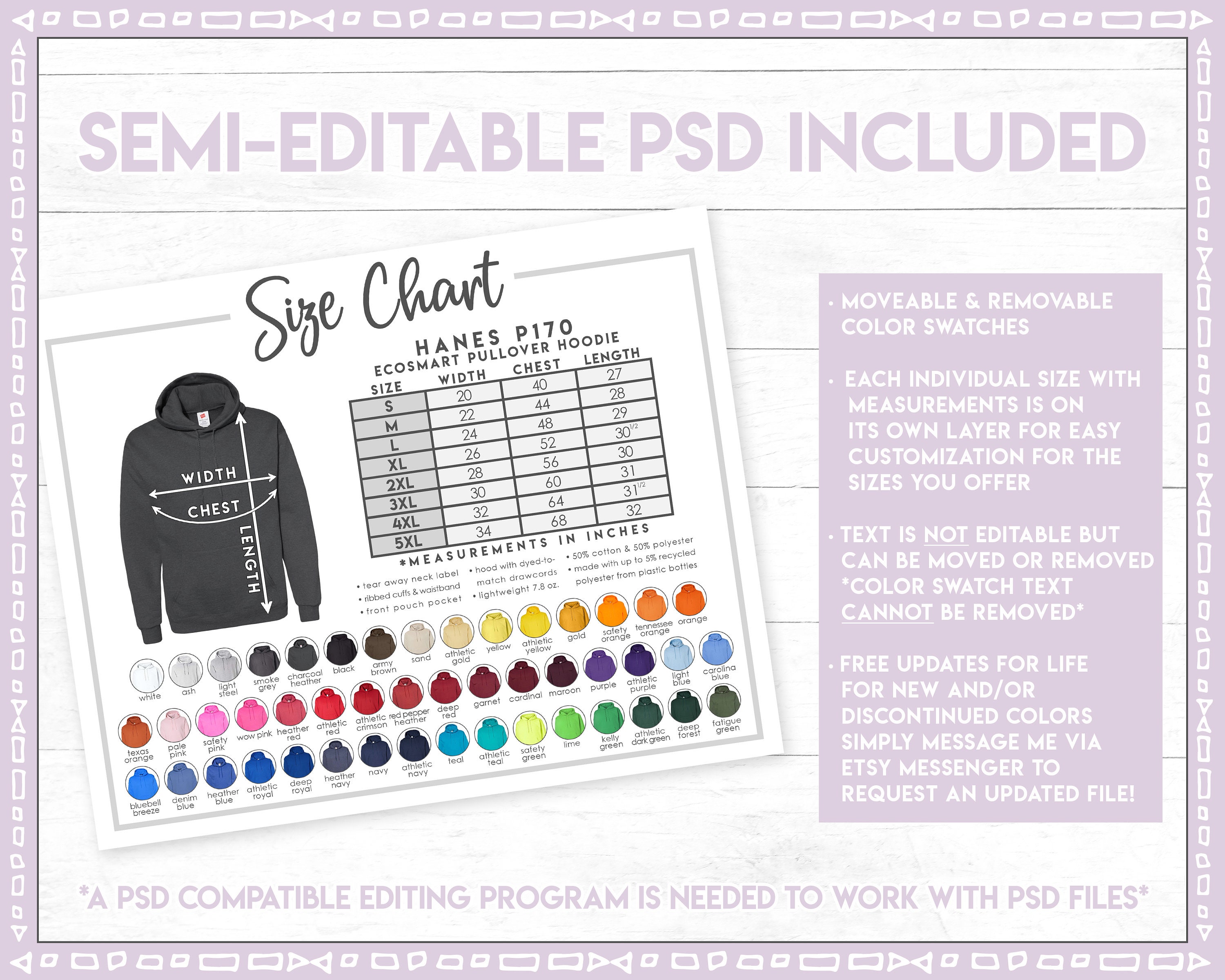 Semi editable Hanes P170 Size Chart Color Chart Ecosmart Pullover Hoodie Size Chart P170 Color Chart Hanes P170 Etsy UK