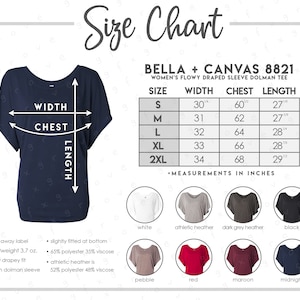 Bella + Canvas 8821 Tabla de tallas y colores • 8 COLORES • Bella Canvas Camiseta Dolman de manga drapeada fluida para mujer Tabla de tallas • BC8821