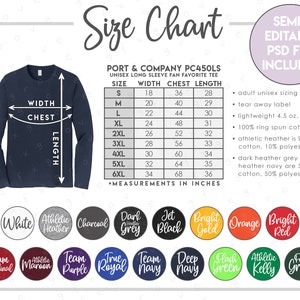 Semi-Editable Port & Company PC450LS Size + Color Chart • Adult Unisex Long Sleeve Fan Favorite Tee Size Chart • PC 450LS Size Chart