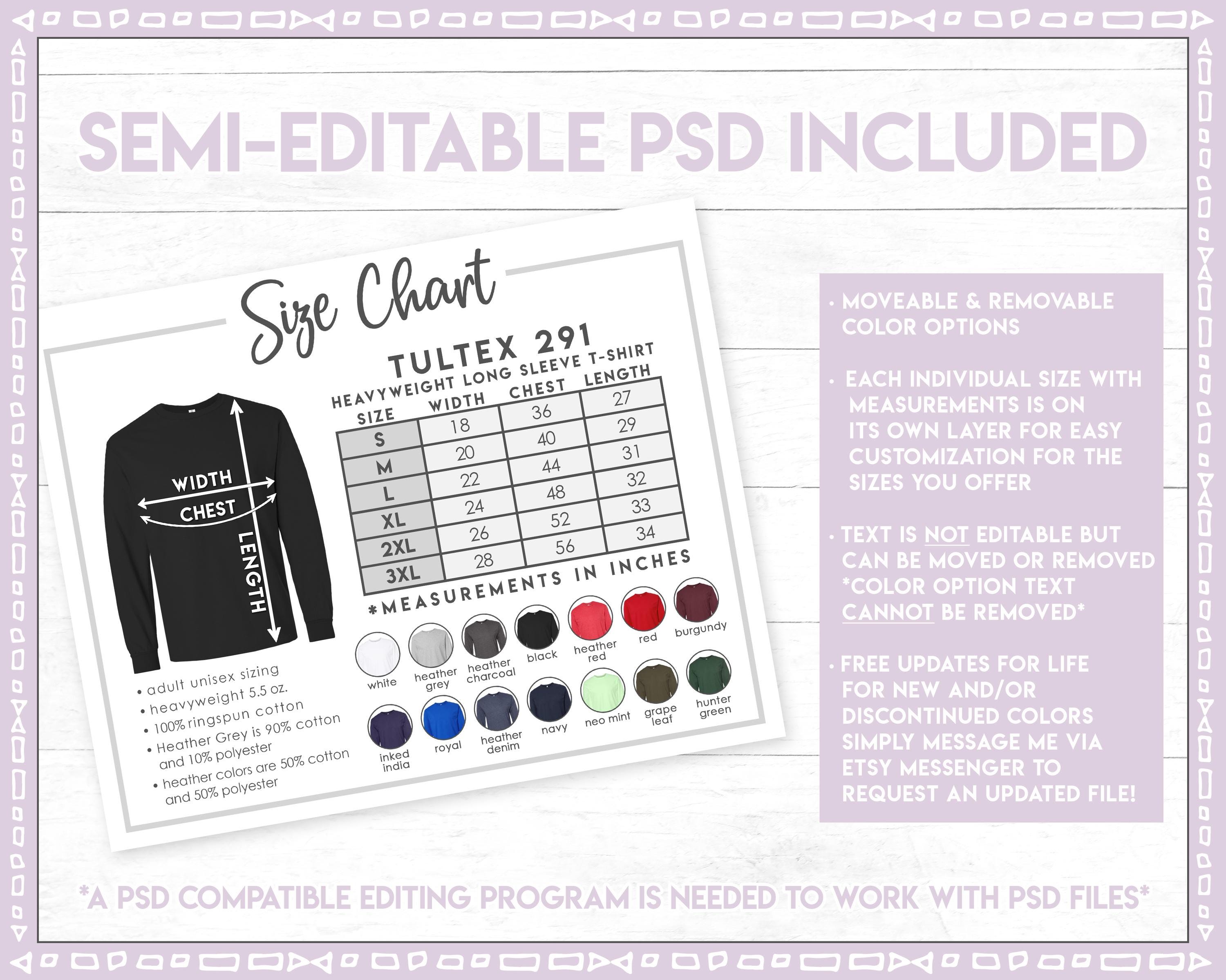 Semi-editable Tultex 291 Size + Color Chart • Tultex