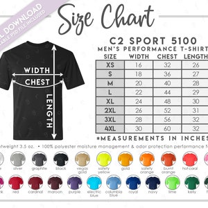 Tabla de tallas y colores C2 Sport 5100 semieditable • Camiseta deportiva C2 para hombre • Tabla de colores C5100 • Tabla de tallas C2 51000 • Camiseta deportiva C2