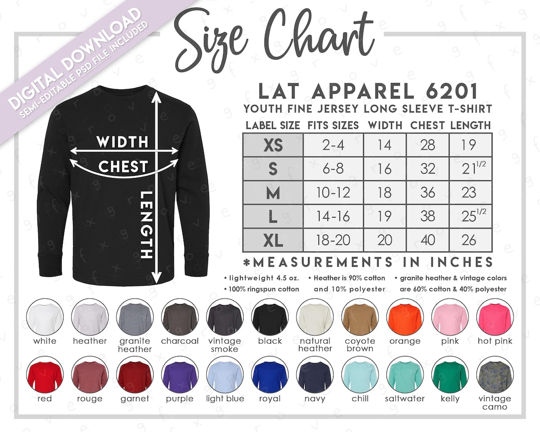 Semi-editable LAT Apparel 6201 Size + Color Chart • LAT Apparel