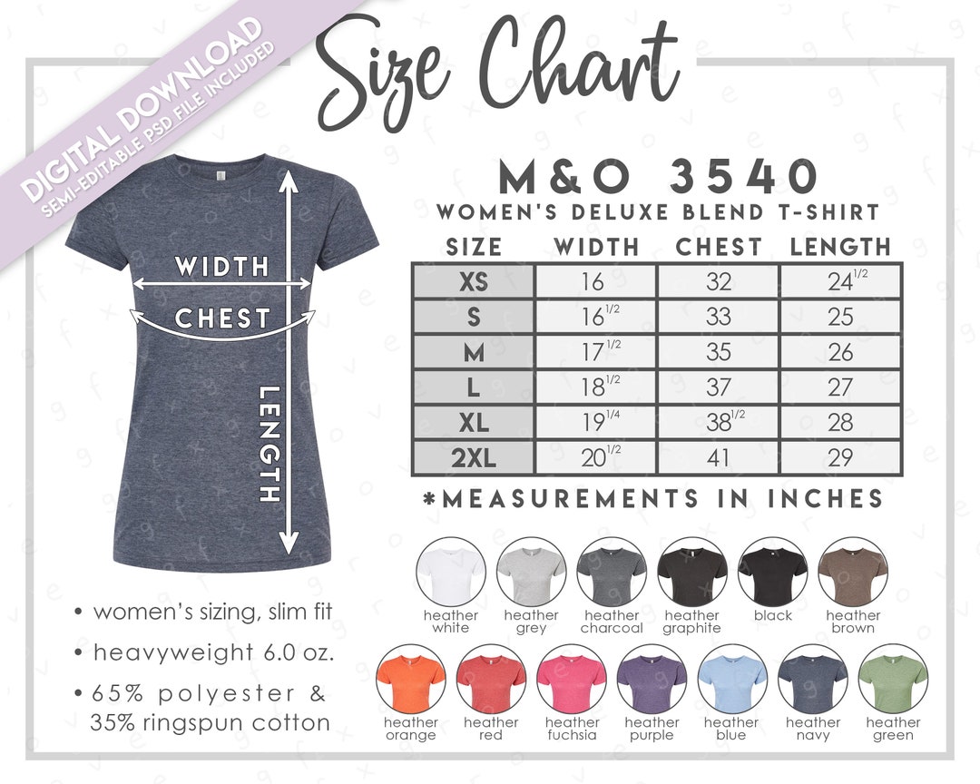 Semi-editable M&O 3540 Size Color Chart Women's Deluxe - Etsy