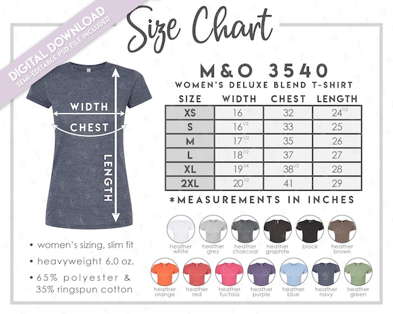Semi-editable M&O 3540 Size Color Chart Women's Deluxe Blend T-shirt Size  Chart MO 3540 Color Chart -  Canada
