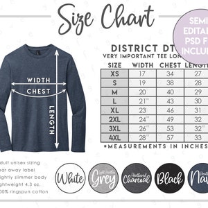 May include: Size chart for long-sleeve shirts in sizes XS to 4XL. The chart shows width, chest, and length measurements in inches. The shirt is shown in a dark blue color. The chart also includes color options for the shirt: white, light heather grey, heather charcoal, black, and heather navy.