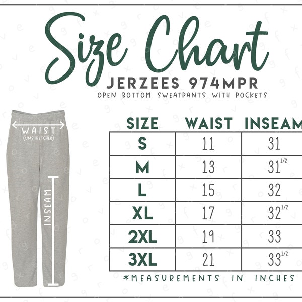 Jerzees Sweatpants Size Chart - Etsy