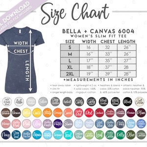 Semi-Editable Bella + Canvas 6004 Size + Color Chart • Bella Canvas Women&#39;s Slim Fit Tee Size Chart • 6004 Color Chart • BC6004