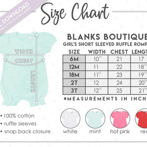 Semi-bewerkbare blanks Boutique meisjesromper met korte mouwen en ruches maat + kleurenkaart • Romper met ruches maattabel • Romper met ruches kleurenkaart