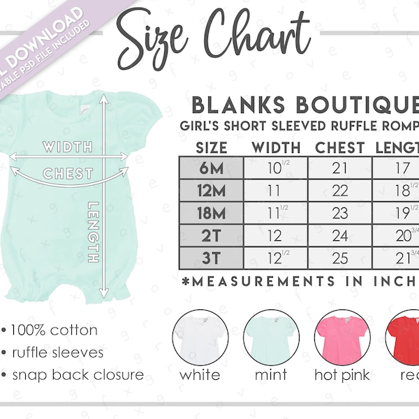 Semi-Editable Blanks Boutique Girl's Short Sleeve Ruffle Romper Size + Color Chart • Ruffle Romper Size Chart • Ruffle Romper Color Chart