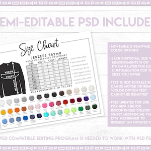 May include: Size chart for Jerzees 562MR NUBLEND CREWNECK SWEATSHIRT with measurements in inches for sizes S-5XL.  The chart includes width, chest, and length measurements.  The image also includes a color chart with various color options for the sweatshirt.