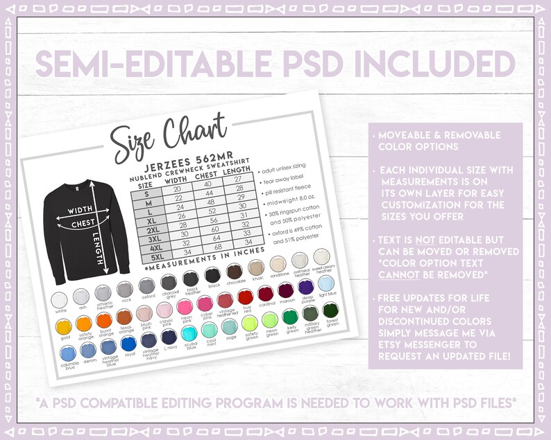 May include: Size chart for Jerzees 562MR NUBLEND CREWNECK SWEATSHIRT with measurements in inches for sizes S-5XL.  The chart includes width, chest, and length measurements.  The image also includes a color chart with various color options for the sweatshirt.